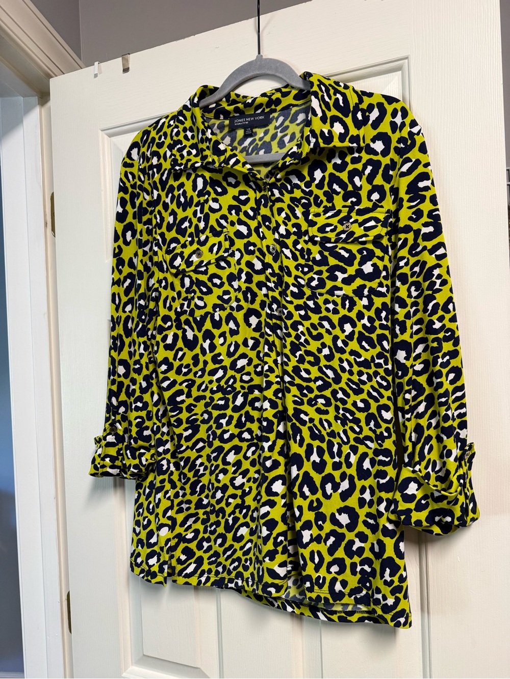 Jones New York Neon Yellow Leopard Print Button-Down Shirt